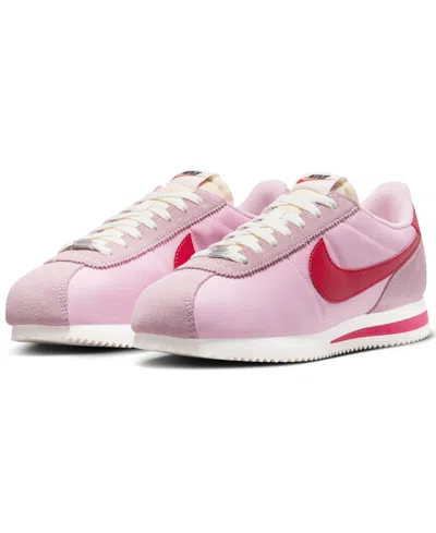 Nike Women's Cortez Textile Casual Sneakers From Finish Line In Soft Pink,fire Red