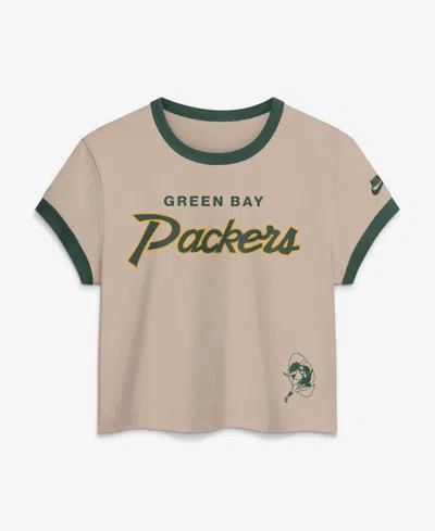 Nike Women's Cream Green Bay Packers Rewind Ringer Mod Cropped T-shirt In Brown