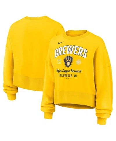 Nike Women's Gold Milwaukee Brewers Oversized Long Sleeve Cropped Pullover Sweatshirt