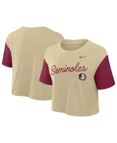 Nike Women's Gold/garnet Florida State Seminoles Color-block Script Dri-fit Cropped T-shirt In Neutral