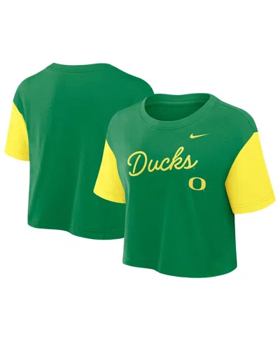 Nike Women's Green/yellow Oregon Ducks Color-block Script Dri-fit Cropped T-shirt