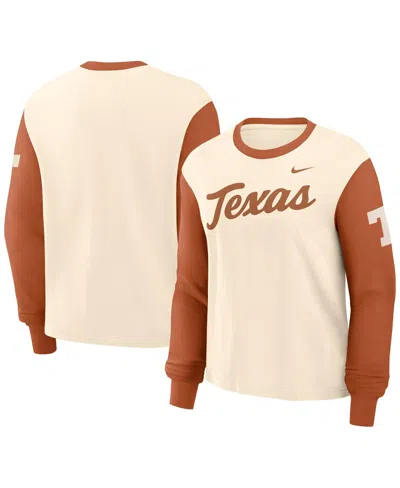 Nike Women's Natural/texas Orange Texas Longhorns Color Block Boxy Long Sleeve T-shirt In Natural,texas Orange