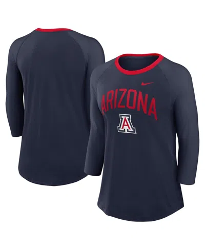 Nike Women's Navy Arizona Wildcats 3/4-sleeve Raglan Tri-blend Top In Navy,college Navy
