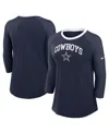 Nike Women's Navy Dallas Cowboys Raglan 3/4 Sleeve T-shirt In Navy,white