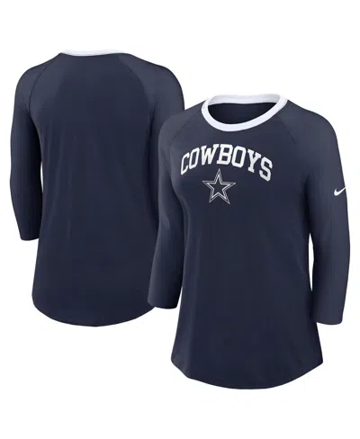 Nike Women's Navy Dallas Cowboys Raglan 3/4 Sleeve T-shirt In Navy,white