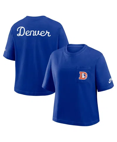 Nike Women's Navy Denver Broncos Rewind Pocket Boxy T-shirt In Blue