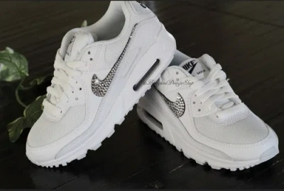 Pre-owned Nike Women's  Air Max 90 Leather White Shoes Customized With Swarovski Crystals