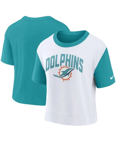 NIKE WOMEN'S NIKE AQUA, WHITE MIAMI DOLPHINS HIGH HIP FASHION T-SHIRT
