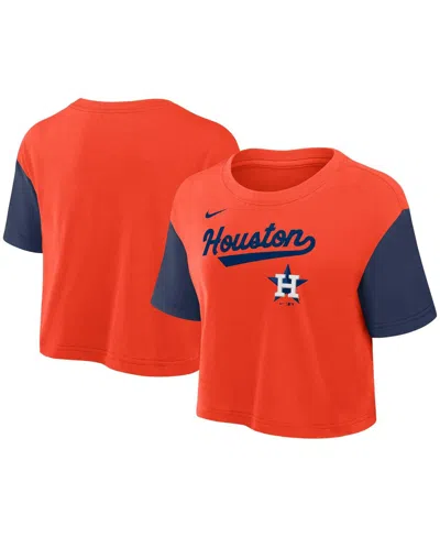 NIKE WOMEN'S ORANGE/NAVY HOUSTON ASTROS SCRIPT CROPPED PERFORMANCE T-SHIRT
