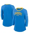 Nike Women's Powder Blue Los Angeles Chargers Raglan 3/4 Sleeve T-shirt In Powder Blue
