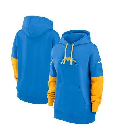 NIKE WOMEN'S POWDER BLUE/GOLD LOS ANGELES CHARGERS 2024 SIDELINE ESSENTIAL FLEECE PULLOVER HOODIE