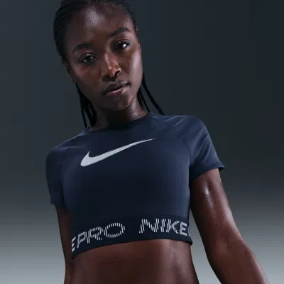 Nike Women's  Pro Dri-fit Short-sleeve Cropped Graphic Top In Blue