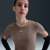 Nike Women's  Pro Dri-fit Short-sleeve Cropped Jacquard Top In Brown