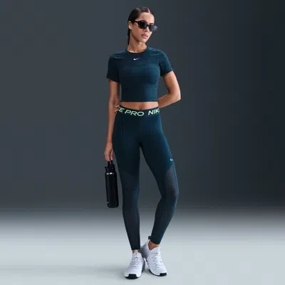 Nike Women's  Pro Mid-rise Full-length Mesh-paneled Leggings In Blue
