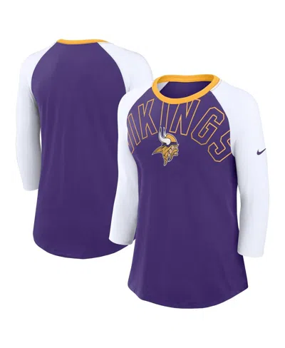 Nike Women's Purple/white Minnesota Vikings Knockout Arch Raglan Tri-blend 3/4-sleeve T-shirt In Purple,white