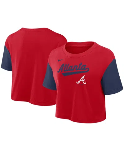 NIKE WOMEN'S RED/NAVY ATLANTA BRAVES SCRIPT CROPPED PERFORMANCE T-SHIRT