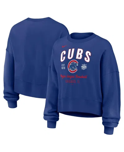 Nike Women's Royal Chicago Cubs Oversized Long Sleeve Cropped Pullover Sweatshirt In Royal,navy