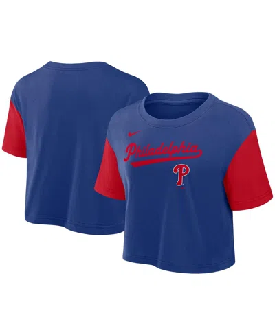 Nike Women's Royal/red Philadelphia Phillies Script Cropped Performance T-shirt In Royal,red