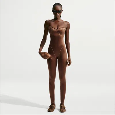 Nike Women's Skims Satin Shine Picot Bodysuit In Brown