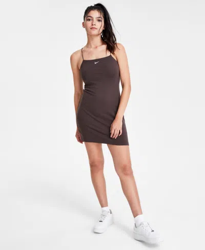 Nike Women's Sportswear Chill Knit Mini-ribbed Camisole Dress In Baroque Brown,sail
