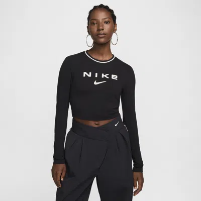 Nike Women's  Sportswear Chill Knit Slim Long-sleeve Cropped Graphic T-shirt In Black