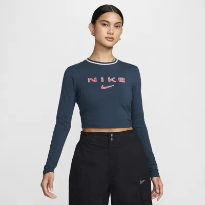 Nike Women's  Sportswear Chill Knit Slim Long-sleeve Cropped Graphic T-shirt In Blue