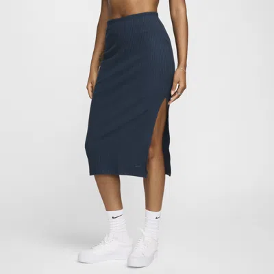 Nike Women's  Sportswear Chill Rib Slim Midi Skirt In Armory Navy/armory Navy