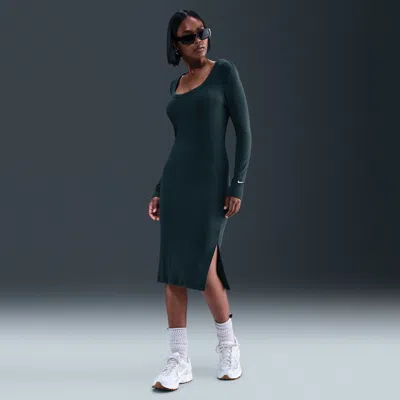 Nike Women's  Sportswear Chill Knit Tight Long-sleeve Midi Mini-rib Dress In Green