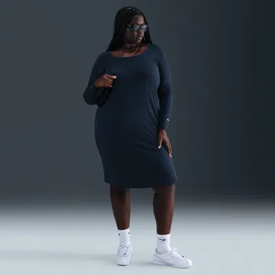 Nike Women's  Sportswear Chill Knit Tight Long-sleeve Midi Mini-rib Dress (plus Size) In Black