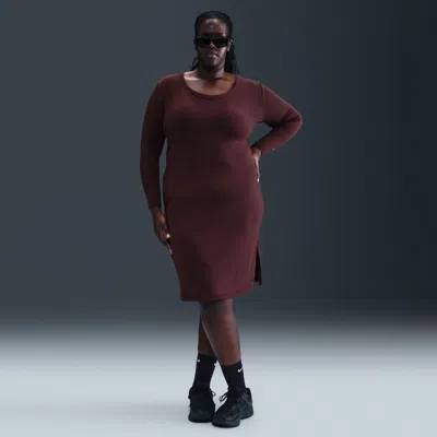 Nike Women's  Sportswear Chill Knit Tight Long-sleeve Midi Mini-rib Dress (plus Size) In Burgundy