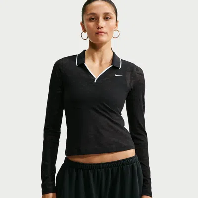 Nike Women's  Sportswear Chill Knit Tight Mod-cropped Long-sleeve Lace Top In Black