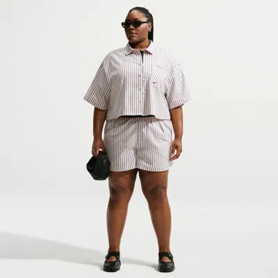 Nike Women's  Sportswear Chill Poplin Loose Mid-rise Striped Shorts (plus Size) In Brown