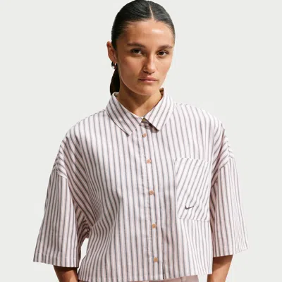 Nike Women's  Sportswear Chill Poplin Oversized Striped Top In Brown