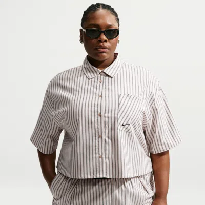 Nike Women's  Sportswear Chill Poplin Oversized Striped Top (plus Size) In Brown