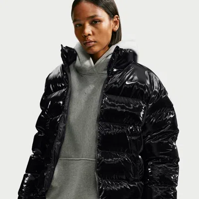 Nike Women's  Sportswear Classic Loose Gleamy Therma-fit Jacket In Black
