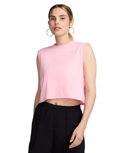 Nike Women's Sportswear Club Cropped Sleeveless T-shirt In Med Soft Pink,white