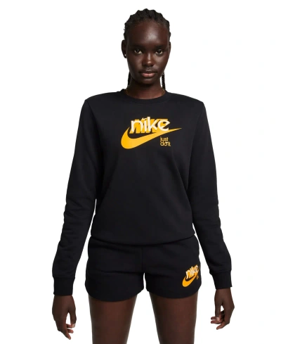 Nike Women's Sportswear Club French Terry Graphic Crewneck Fleece Sweatshirt In Black,university Gold,white