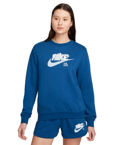 Nike Women's Sportswear Club French Terry Graphic Crewneck Fleece Sweatshirt In Court Blue,lt Armory Blue,white