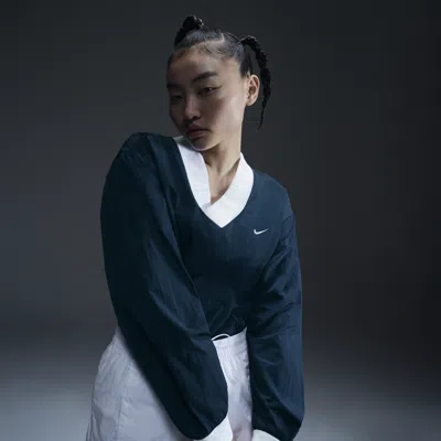 Nike Women's  Sportswear Essential Loose Uv Woven Long-sleeve V-neck Top In Blue