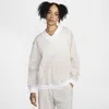 Nike Women's  Sportswear Essential Loose Uv Woven Long-sleeve V-neck Top In Lt Orewood Brown/white