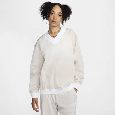 Nike Women's  Sportswear Essential Loose Uv Woven Long-sleeve V-neck Top In Lt Orewood Brown/white