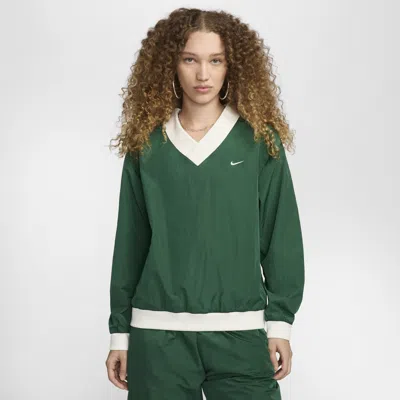 Nike Women's  Sportswear Essential Loose Uv Woven Long-sleeve V-neck Top In Gorge Green/sail
