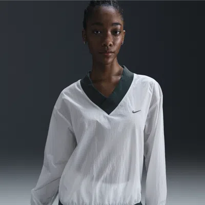 Nike Women's  Sportswear Essential Loose Uv Woven Long-sleeve V-neck Top In White