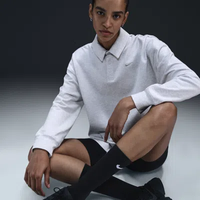 Nike Women's  Sportswear Essential Oversized Long-sleeve Polo In Grey Heather/light Brown