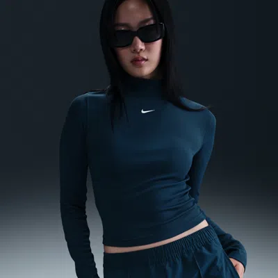 Nike Women's  Sportswear Essential Ribbed Mock-neck Long-sleeve Top In Blue