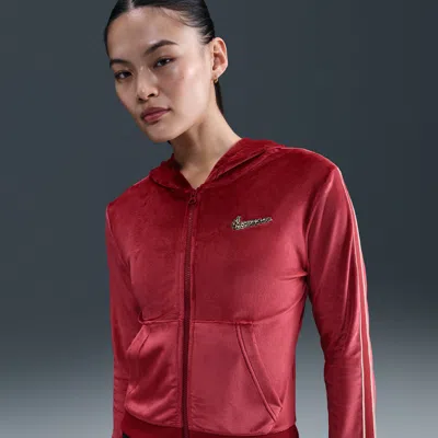 Nike Velour Full Zip Hoodie In Burgundy