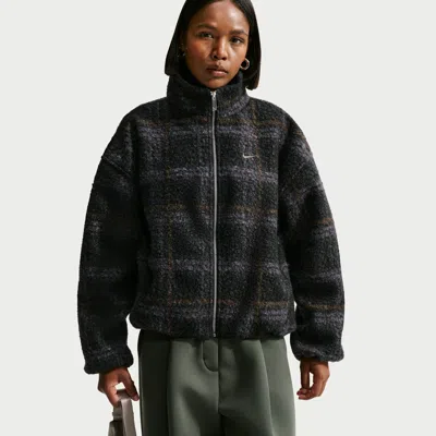 Nike Women's  Sportswear Oversized Plaid High-pile Fleece Jacket In Black