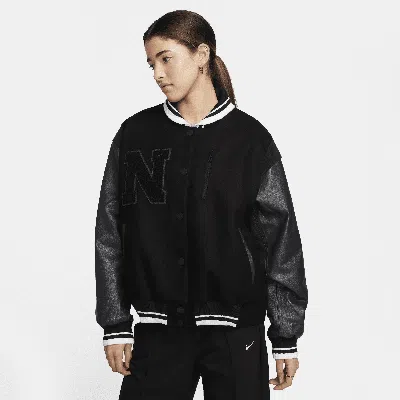 Nike Sportswear Destroyer Leather & Wool Blend Bomber Jacket In Black