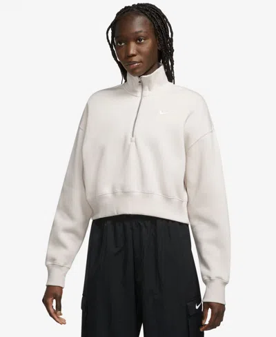 Nike Women's Sportswear Phoenix Fleece Quarter-zip Cropped Sweatshirt In Lt Orewood Brown,sail