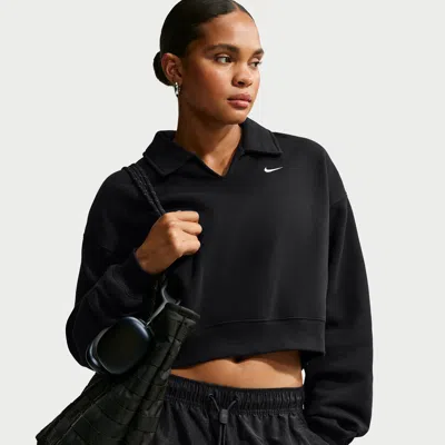 Nike Women's Studio Fleece Medium Weight Oversized Cropped Polo In Black